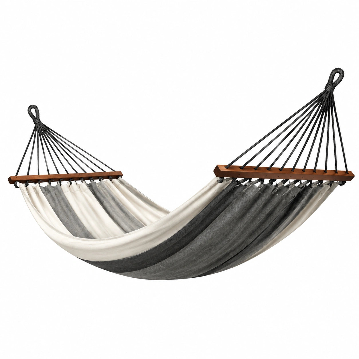 Amaca in tessuto misto poliestere e cotone bianco e grigio con barre in legno