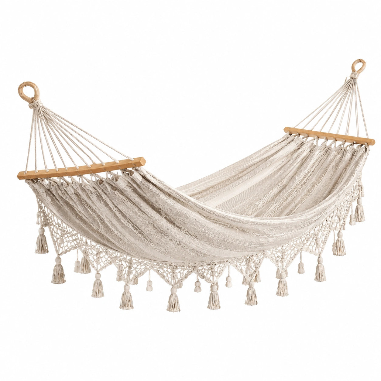 Amaca in cotone macramè con barre in legno di faggio beige