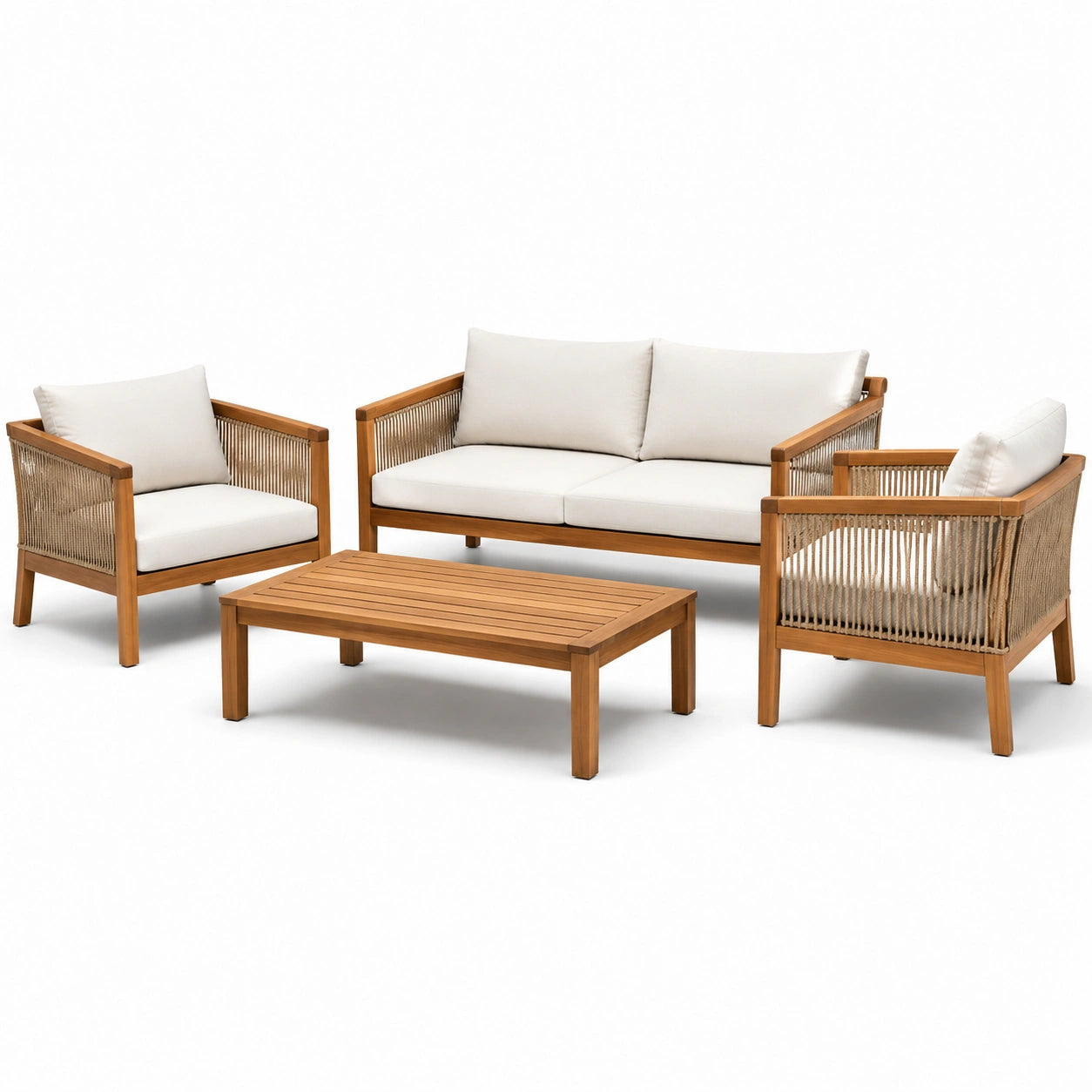 Set da giardino in legno di teak con cuscini bianchi