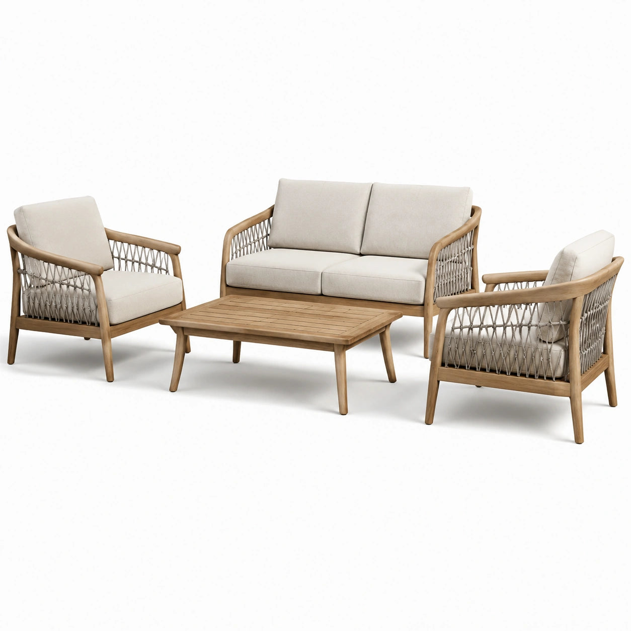 Set salotto da giardino in legno e corda intrecciata con cuscini beige