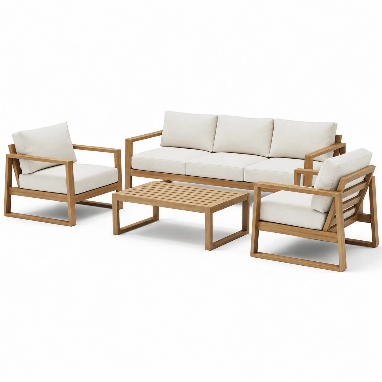 Set da salotto da esterno in legno di teak e cuscini color crema