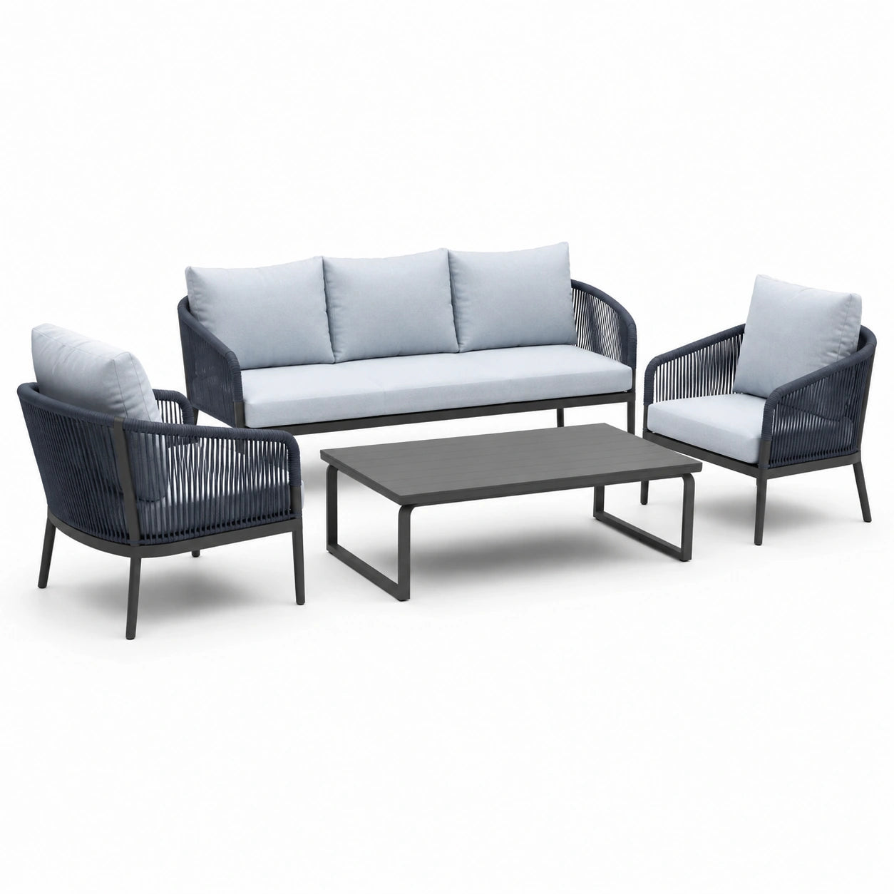 Set salotto da giardino in metallo e tessuto con cuscini grigio chiaro