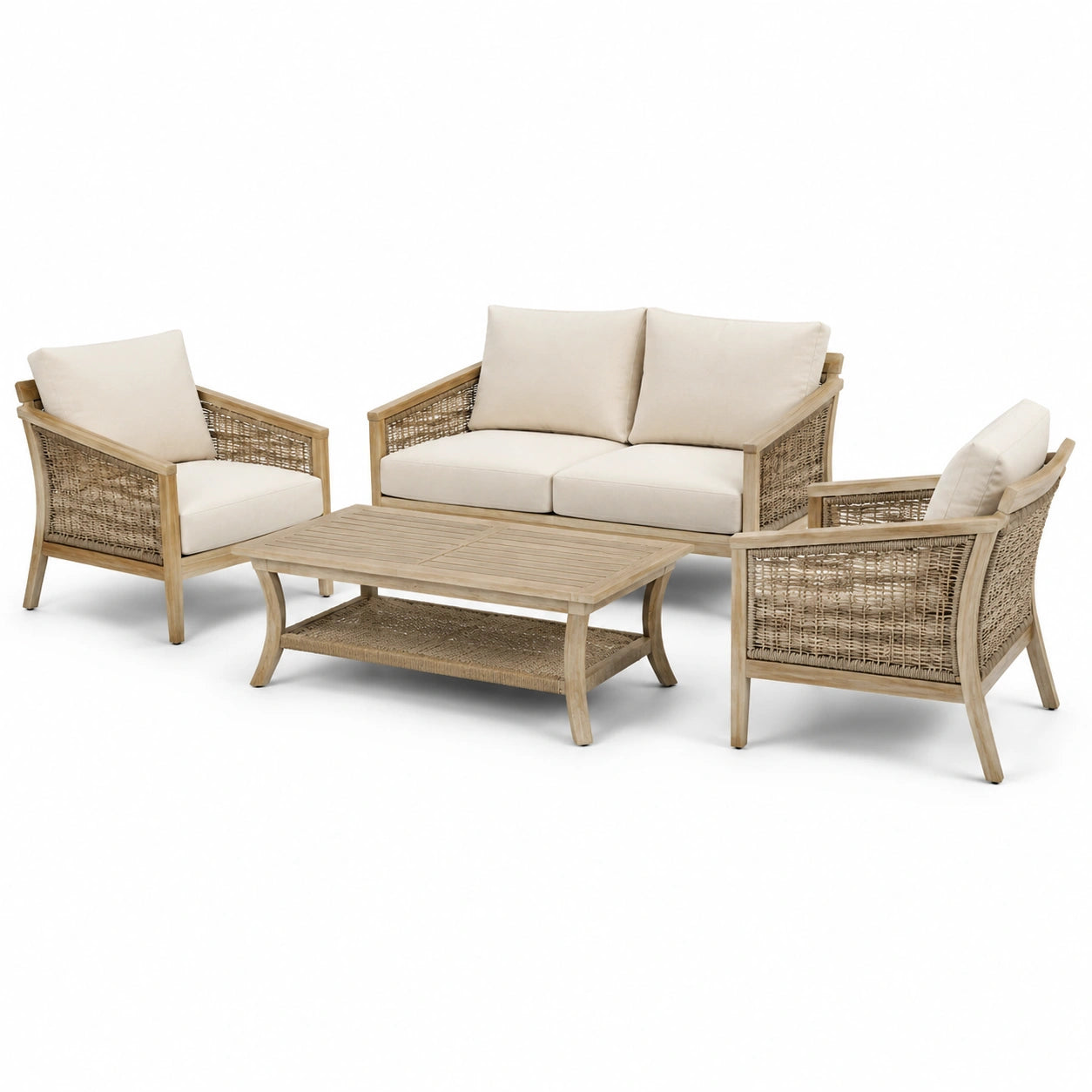 Set salotto da giardino in legno e rattan con cuscini crema