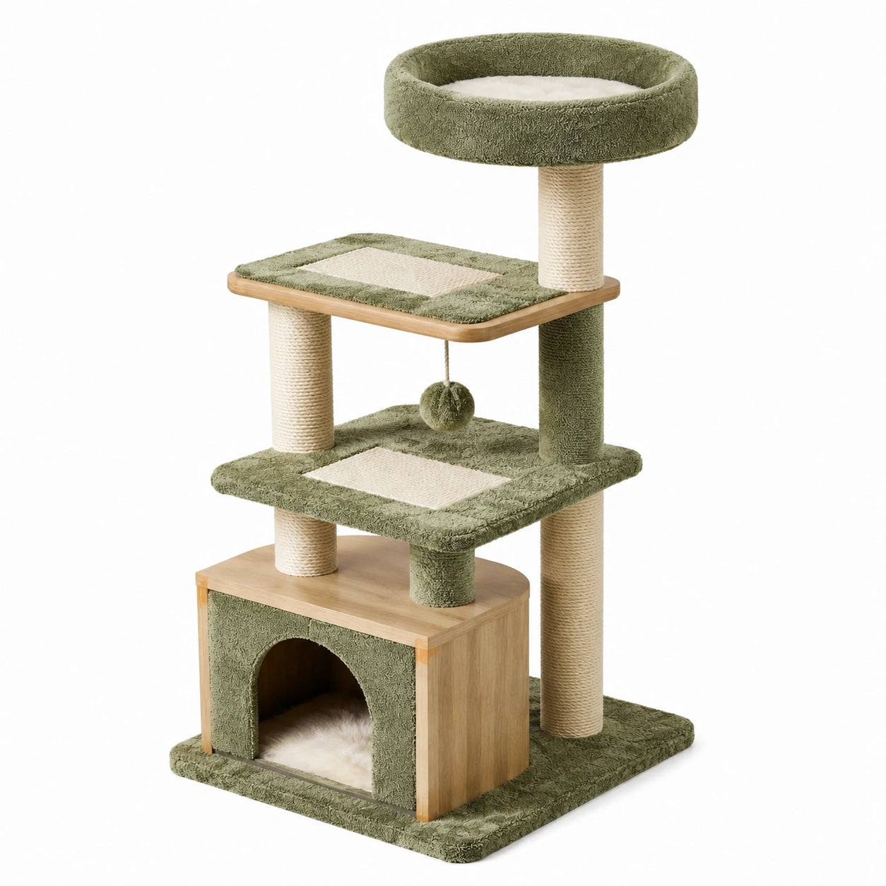 Graffiatoio per Gatti in Legno e Sisal Verde con Casetta
