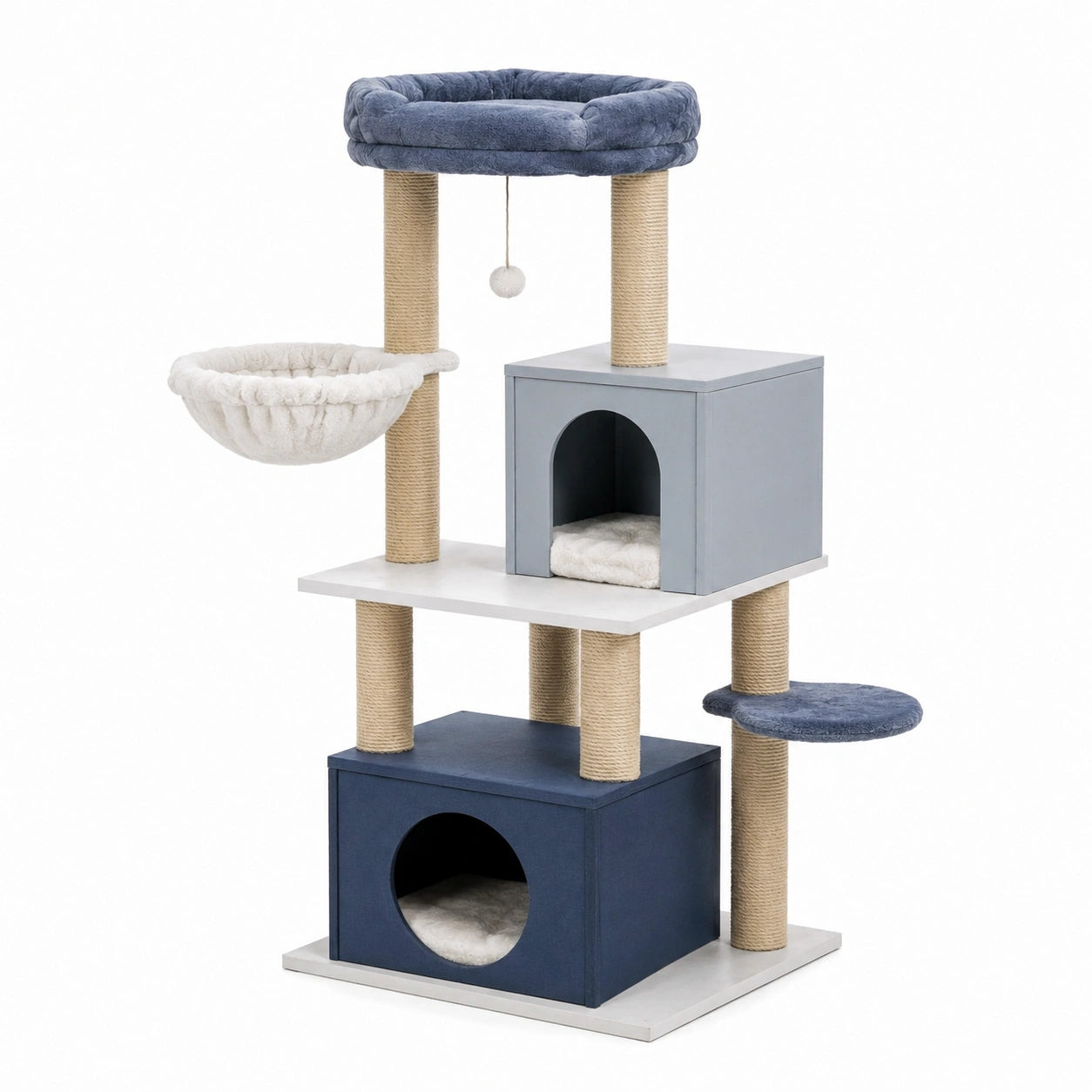 Albero tiragraffi per gatti in legno e sisal blu, grigio e bianco