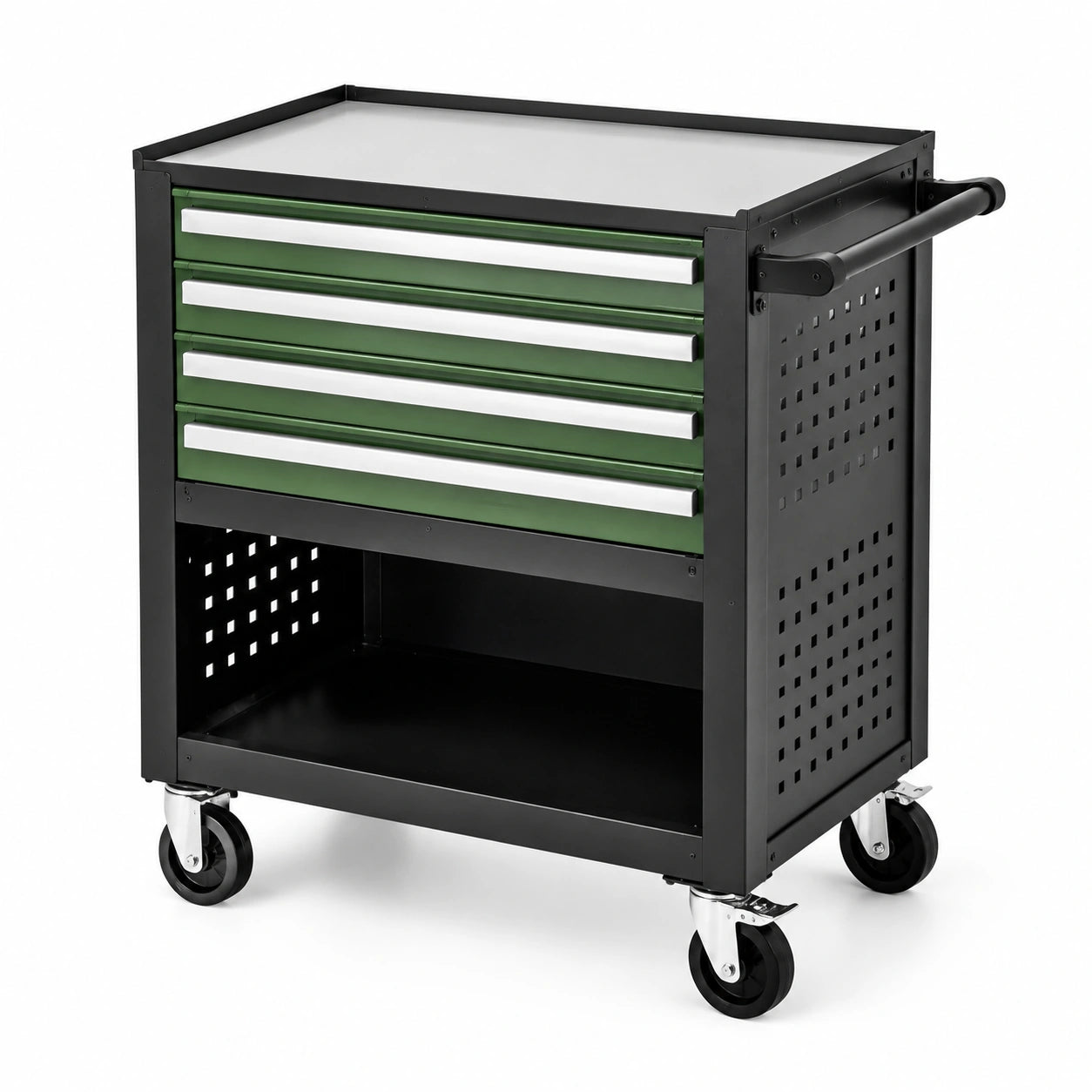 Carrello portautensili in metallo con 4 cassetti e ruote nero e verde