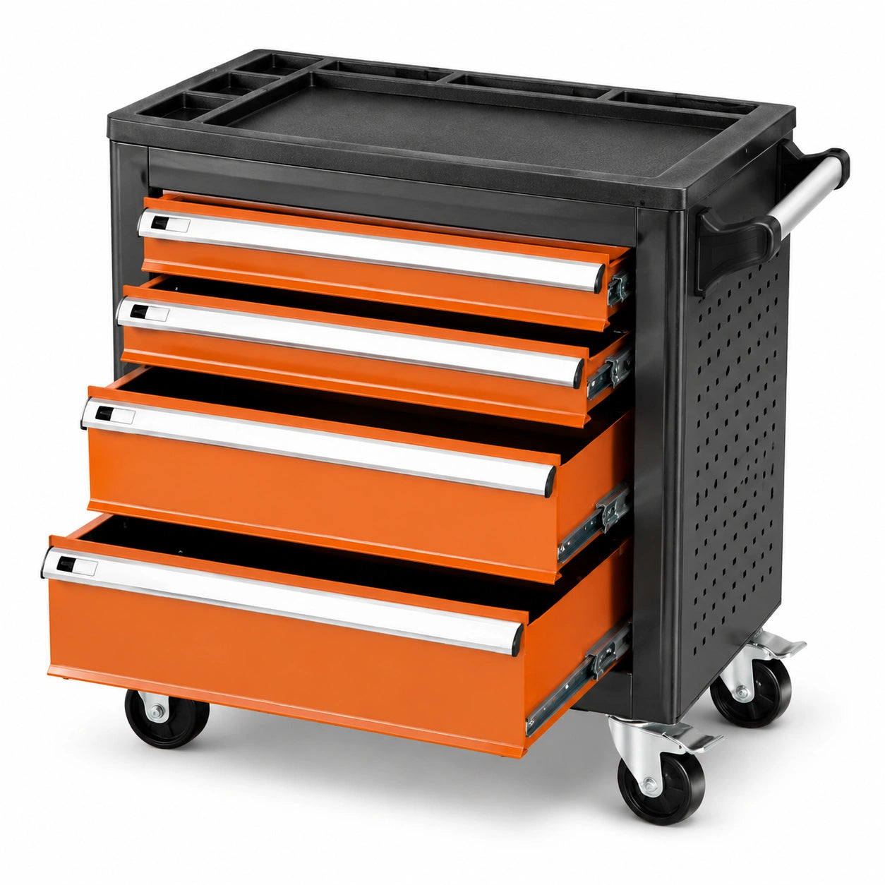 Carrello portautensili in metallo arancione e nero con 5 cassetti e ruote