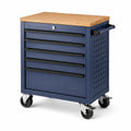 Carrello portautensili blu in acciaio con 5 cassetti e piano in legno