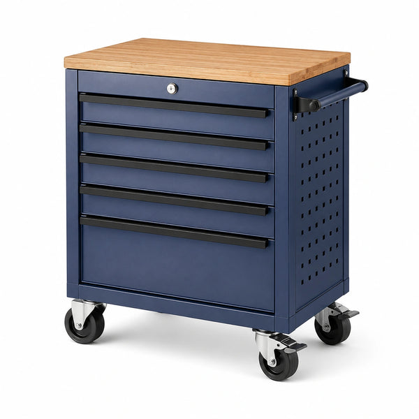 Carrello portautensili blu in acciaio con 5 cassetti e piano in legno