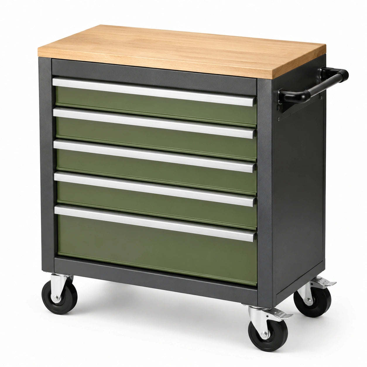 Carrello portautensili con 5 cassetti in acciaio e legno, verde/nero
