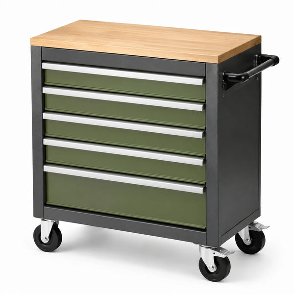 Carrello portautensili con 5 cassetti in acciaio e legno, verde/nero