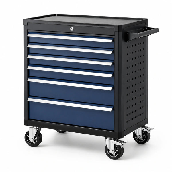 Carrello portautensili in acciaio blu e nero con 7 cassetti