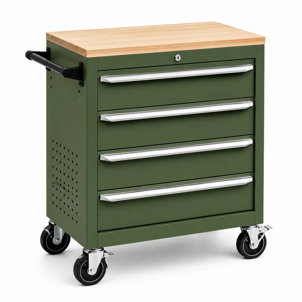 Carrello portautensili metallo verde con piano in legno e 5 cassetti