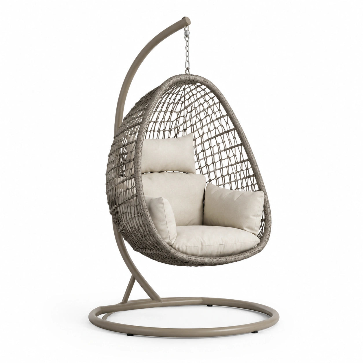 Sedia a dondolo sospesa in rattan sintetico beige con supporto in acciaio