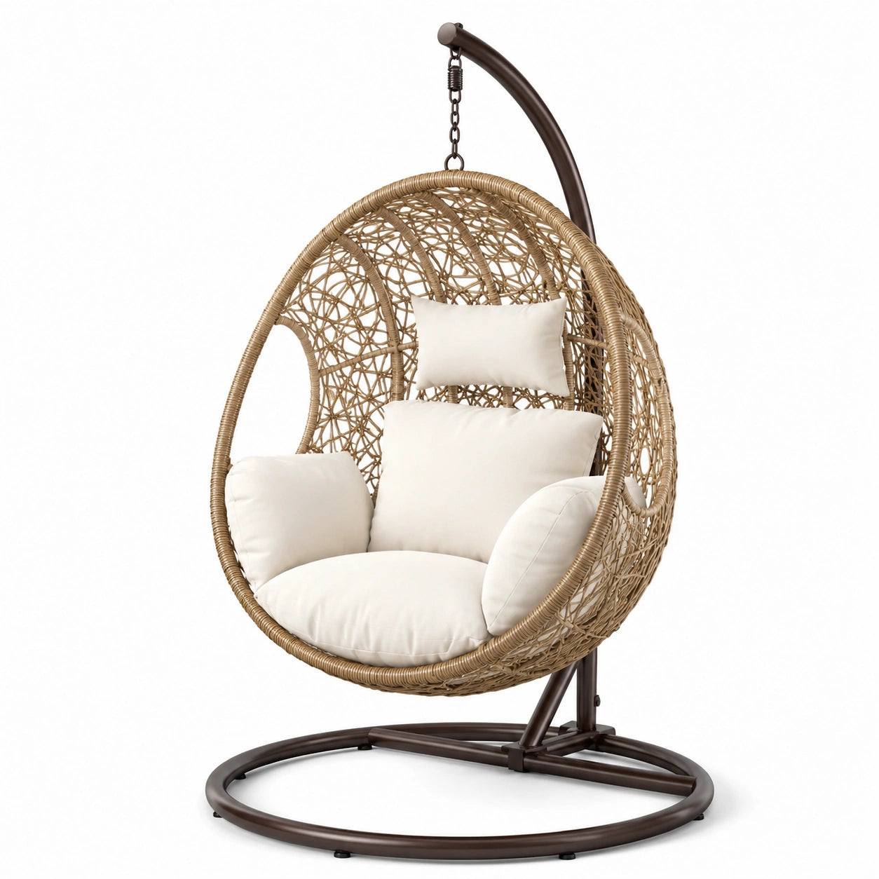 Sedia sospesa in rattan e metallo con cuscini bianchi