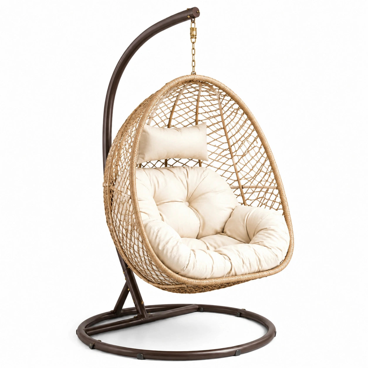 Sedia sospesa in rattan con cuscini crema e struttura in metallo, 195x100x105 cm