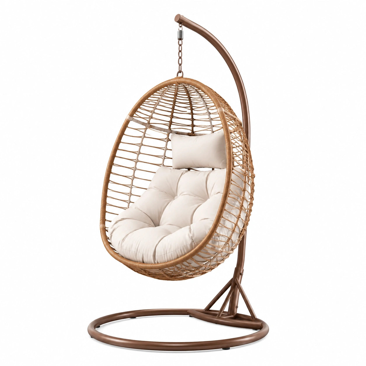 Sedia a dondolo sospesa in rattan e acciaio con cuscino crema