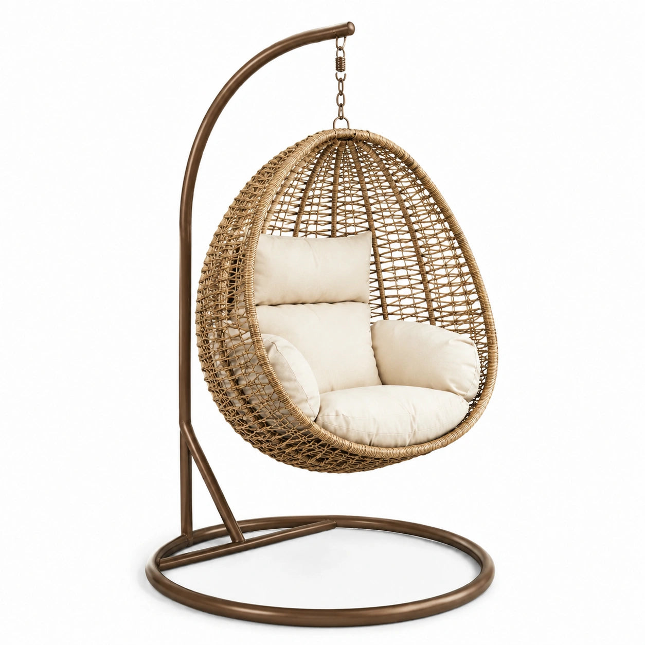 Poltrona sospesa in rattan con cuscini in poliestere e supporto metallico