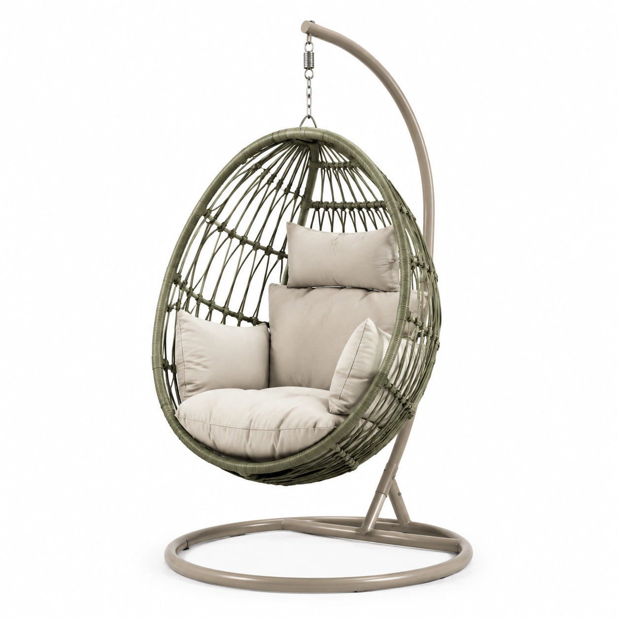 Sedia sospesa in rattan sintetico verde con cuscini beige