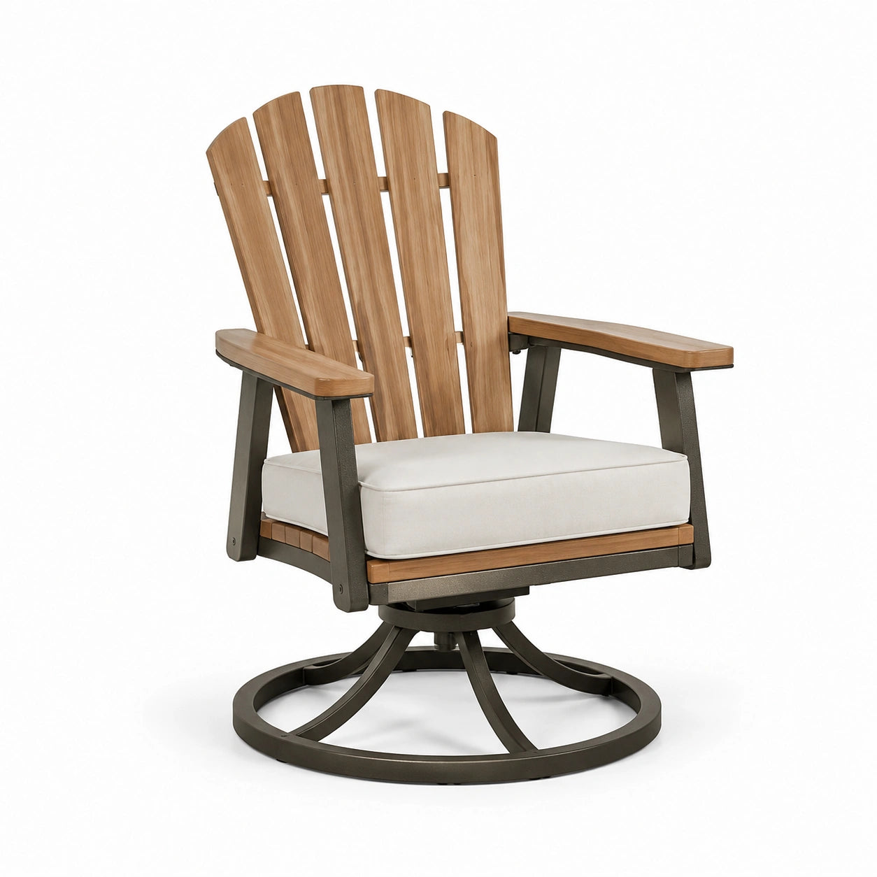 Sedia girevole in legno di teak e alluminio con cuscino bianco