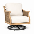 Poltrona girevole in legno e metallo con cuscini in tessuto beige
