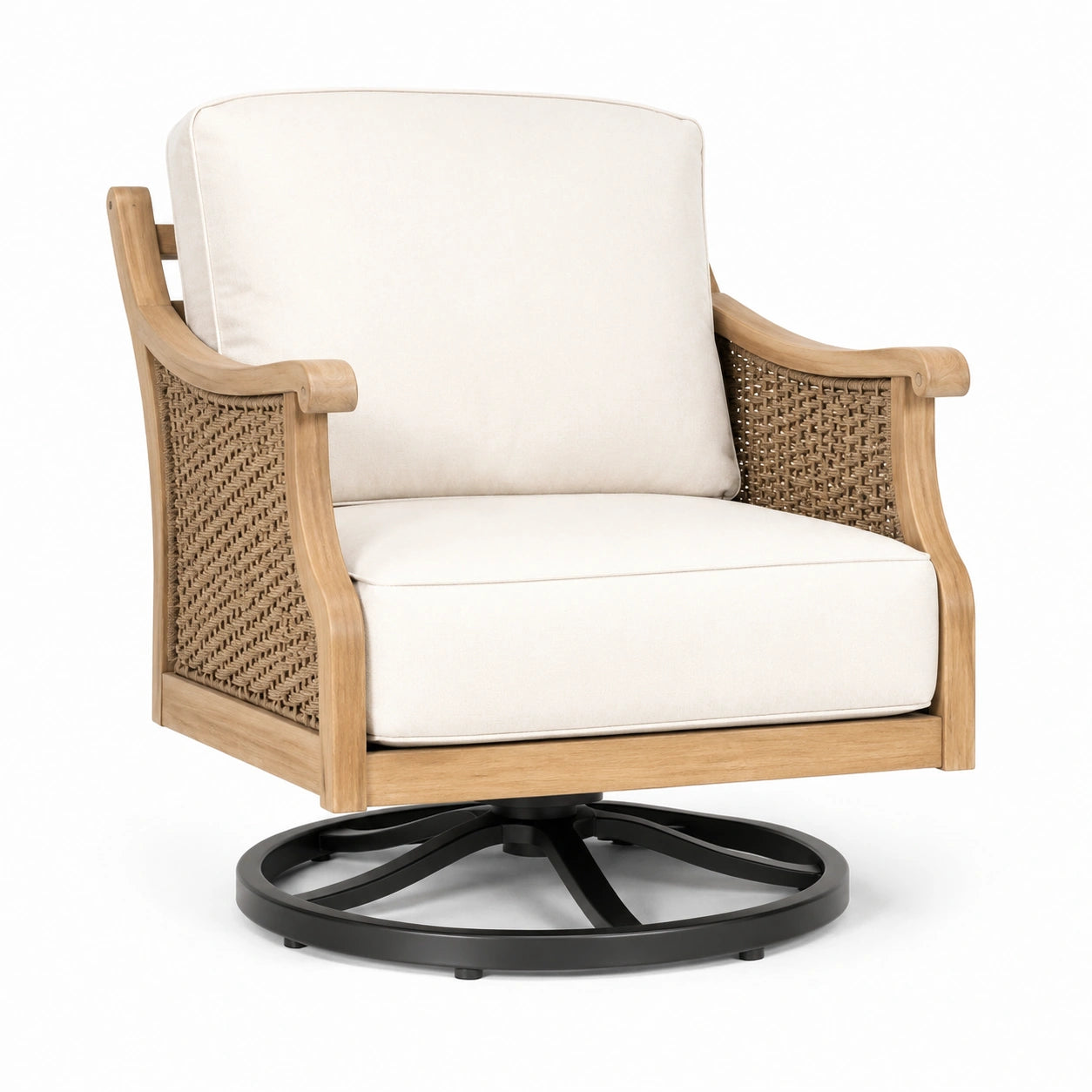 Poltrona girevole in legno e metallo con cuscini in tessuto beige