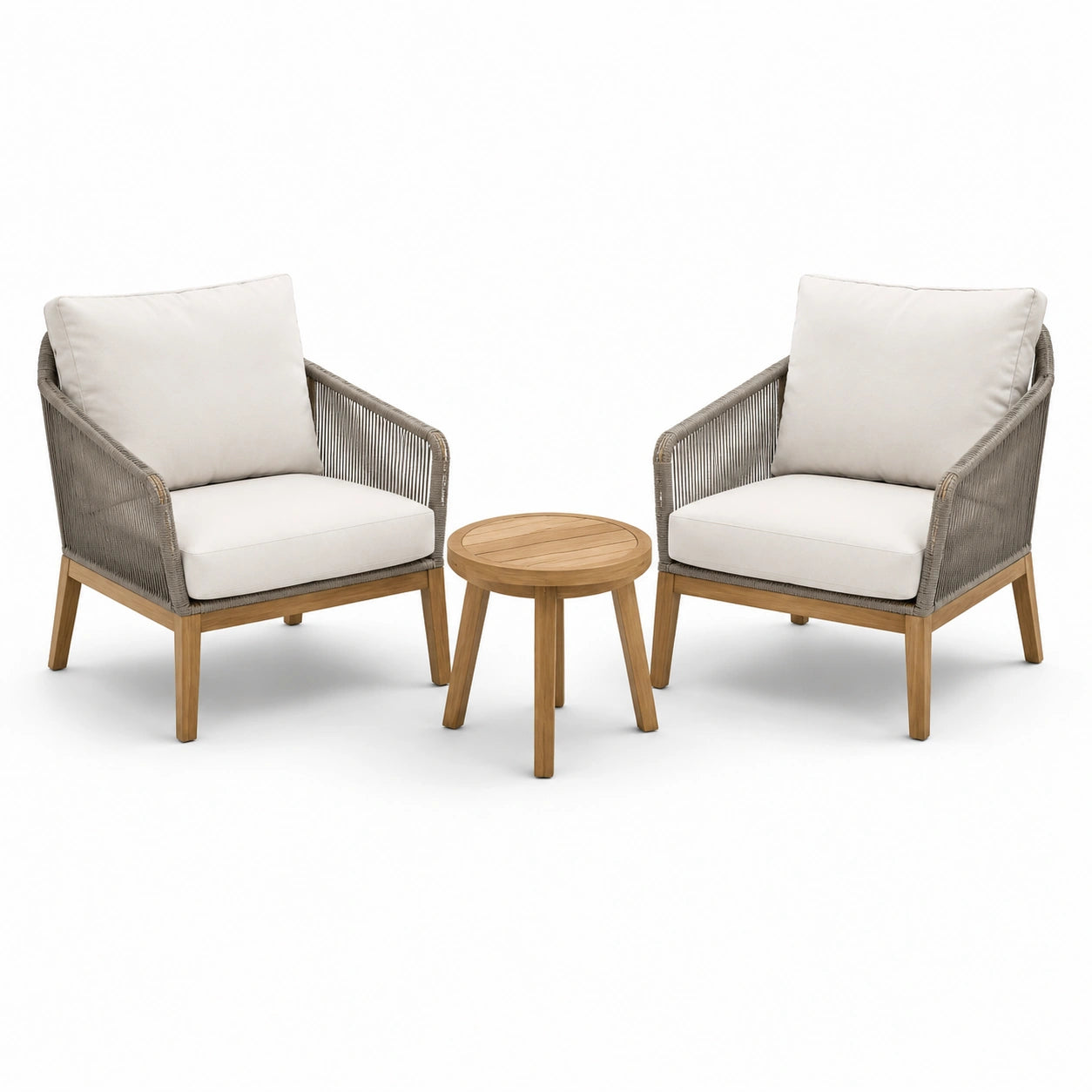 Set da giardino con 2 poltrone in legno e corda e tavolino