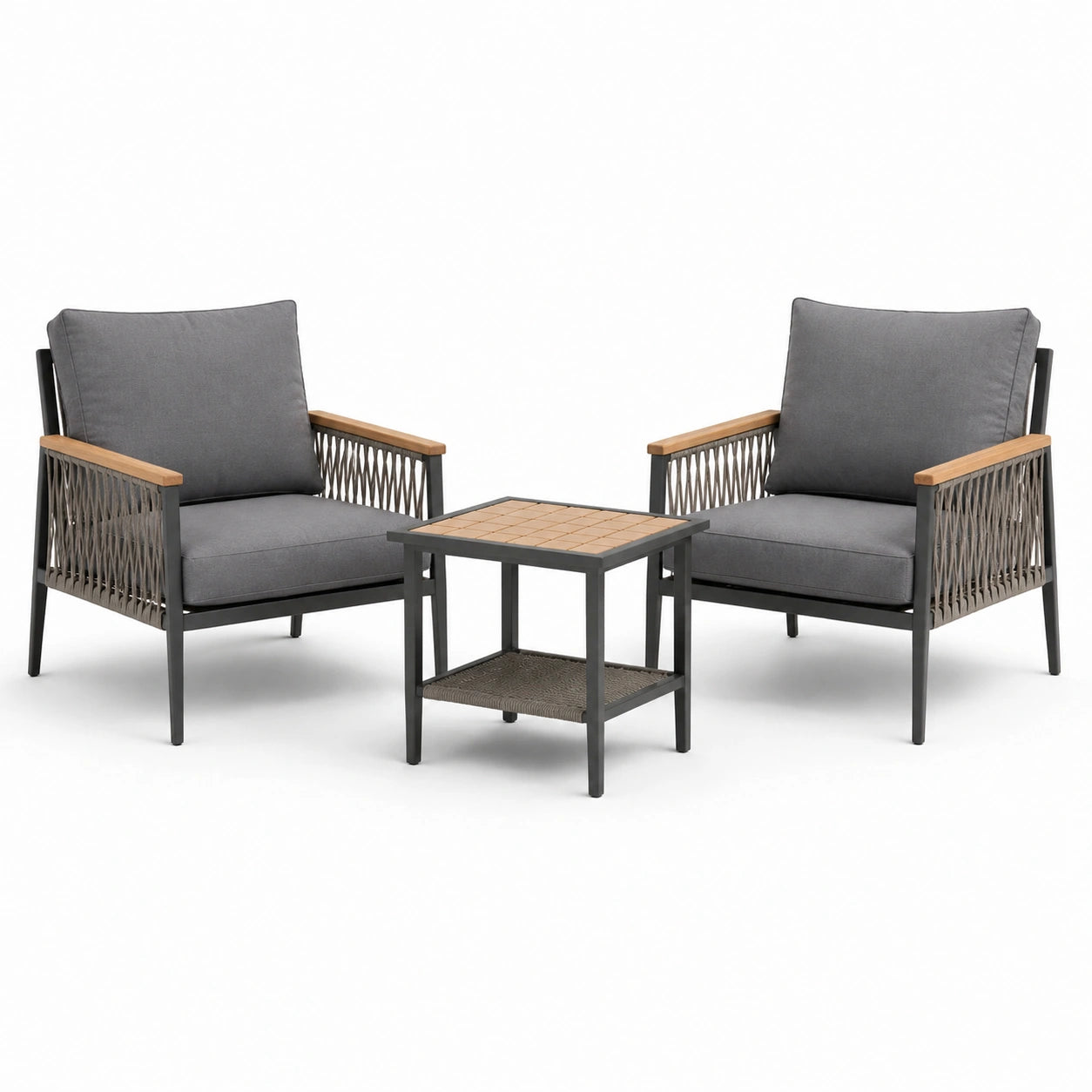Set da giardino con sedie e tavolino in metallo e legno, colore grigio