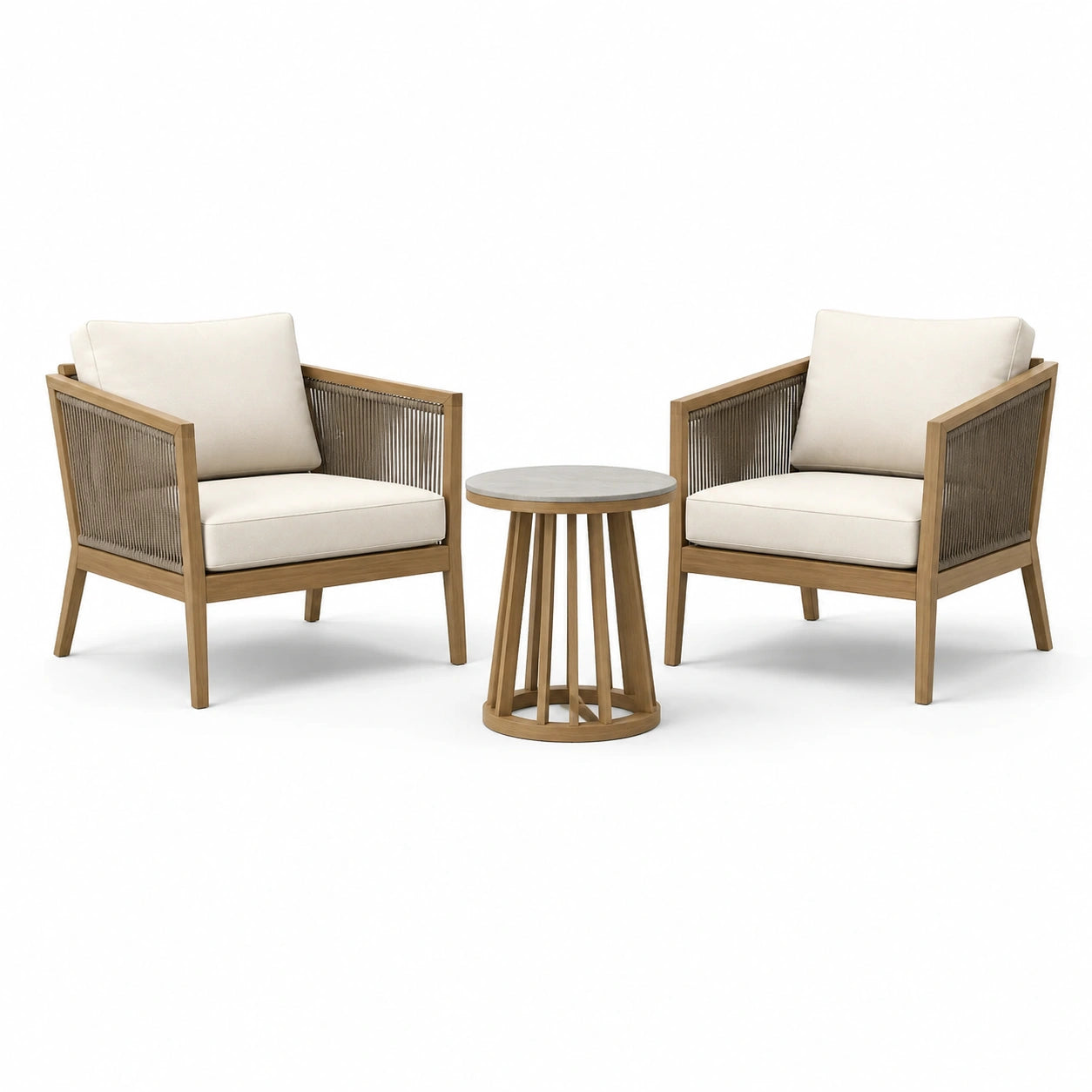 Set da giardino in legno di acacia e corda con cuscini in poliestere beige